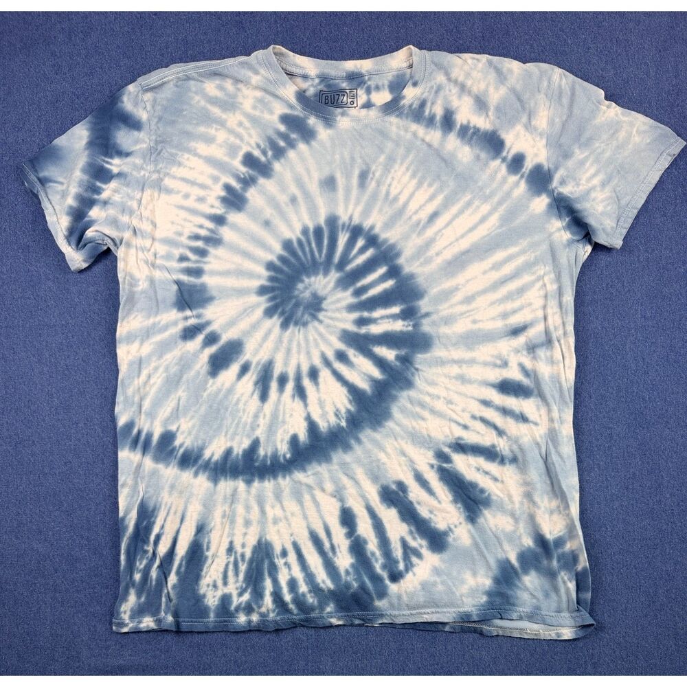 Buzz Men’s XL Blue White Spiral Tie Dye T-Shirt 100% Cotton Hippie Boho